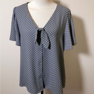 LC Lauren Conrad Blue Polka Dot Tie-Front V-Neck Blouse